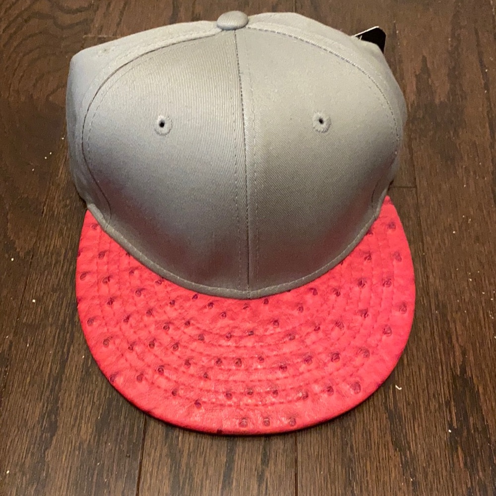 Grey and red faux ostrich skin hat